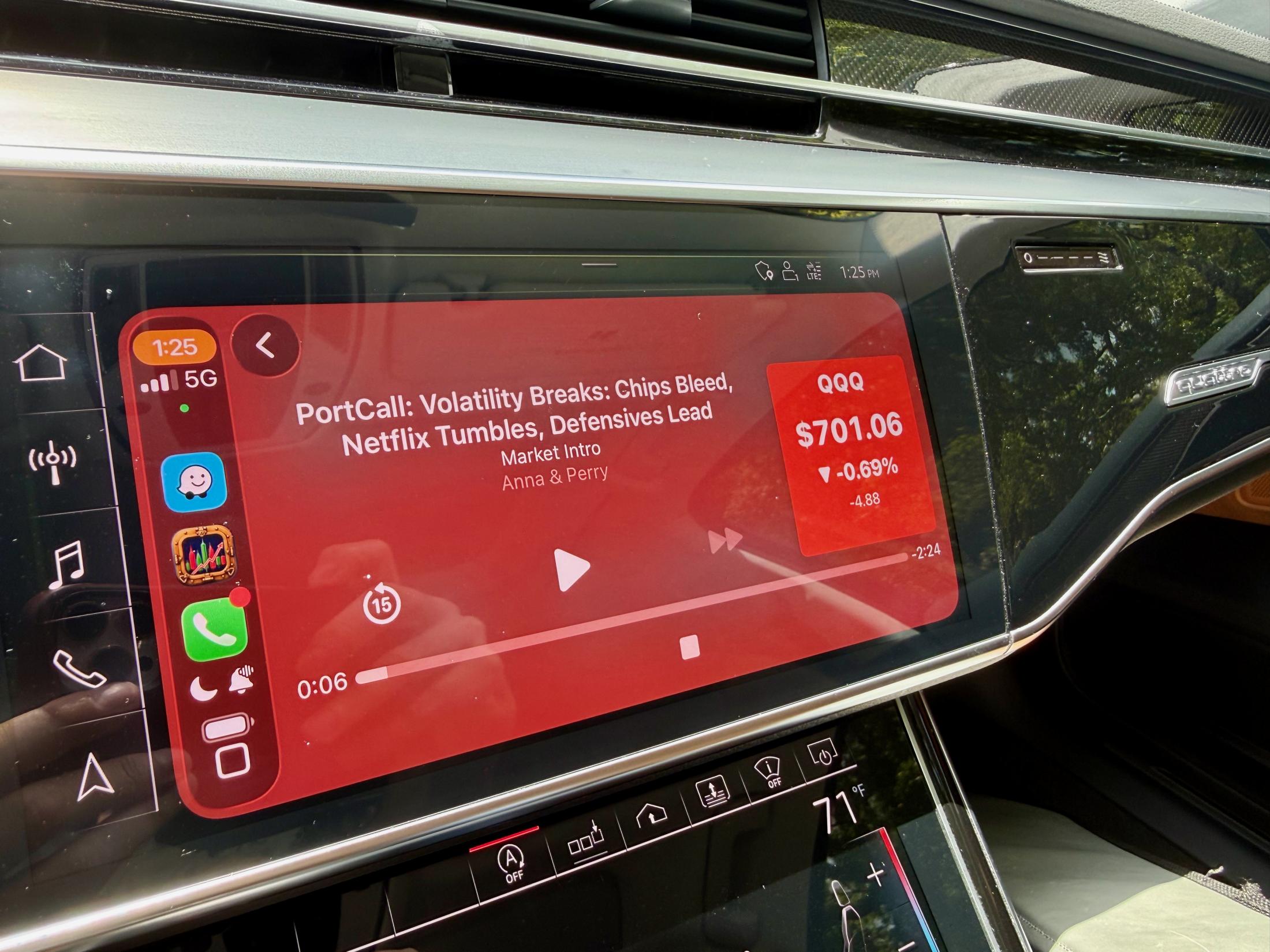 PortCall on an in-dash CarPlay screen, playing the market intro &ldquo;Volatility Breaks: Chips Bleed, Netflix Tumbles, Defensives Lead&rdquo; beside a live QQQ quote tile.