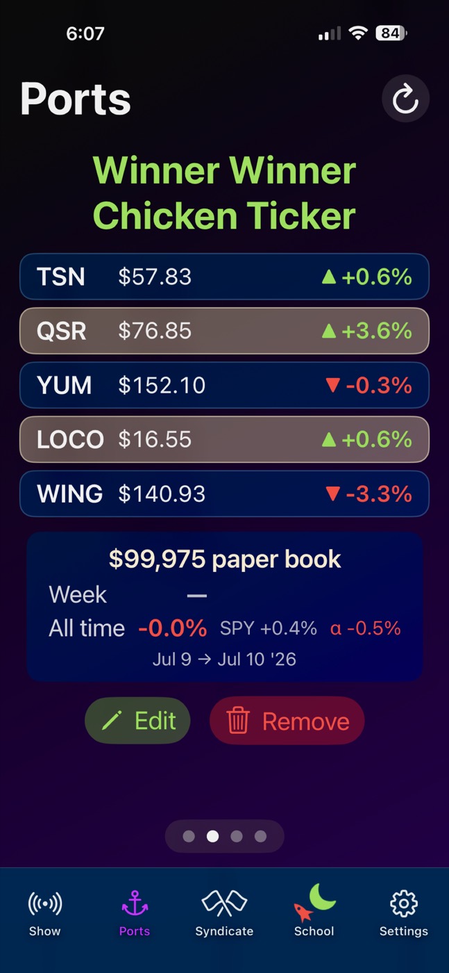 The Ports tab listing a portfolio's tickers with live quotes and its paper book.