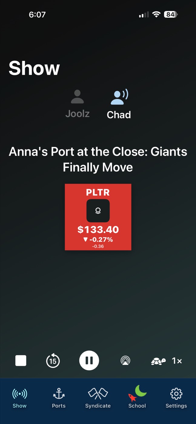 The Show tab playing a briefing, with a live PLTR quote tile.