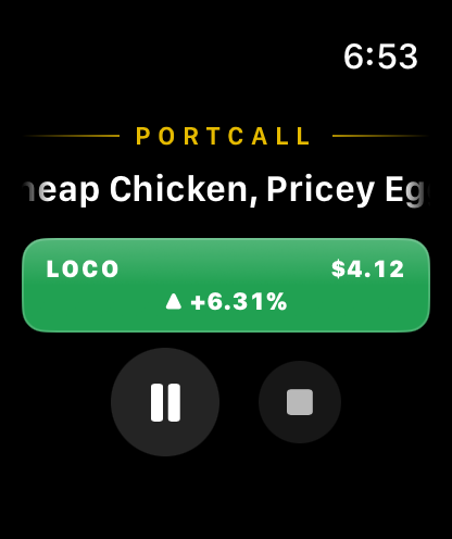 PortCall on Apple Watch, playing a briefing with a live LOCO quote tile.